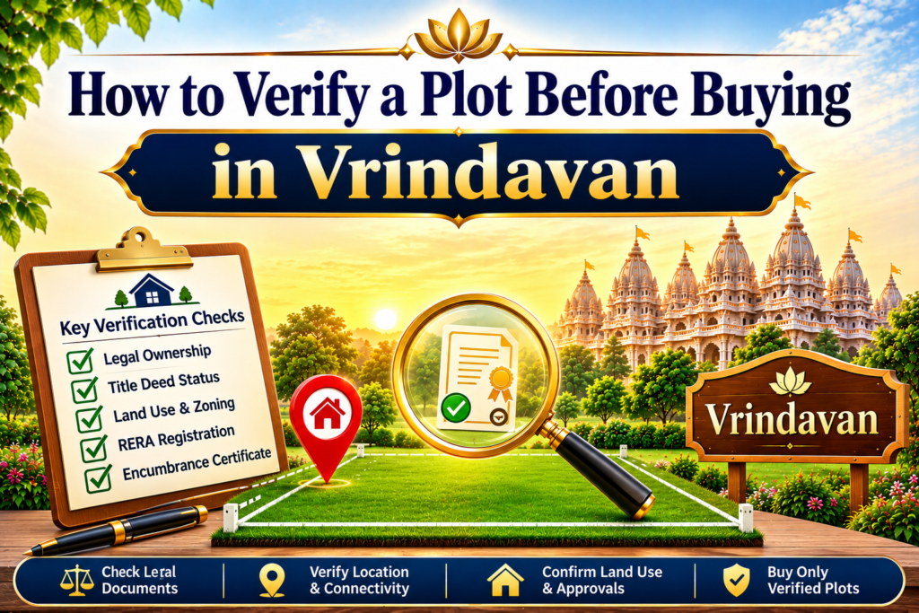buyer verifying residential plot documents and property details in Vrindavan